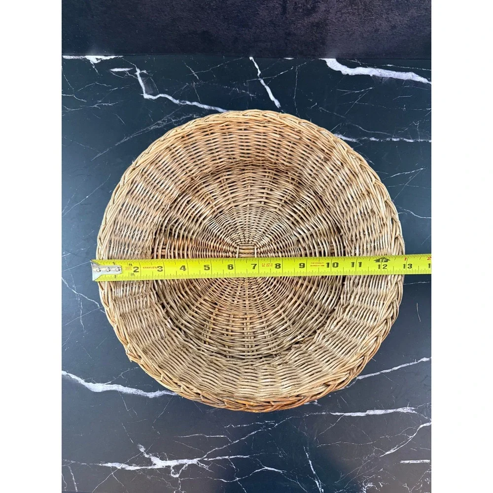 Vintage Round Low Wicker Basket Pot Tray 13in Wide 3in Tall